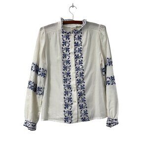 Gede Womens White Blue Embroidered Scalloped Trim Long Sleeve Button Shirt 12